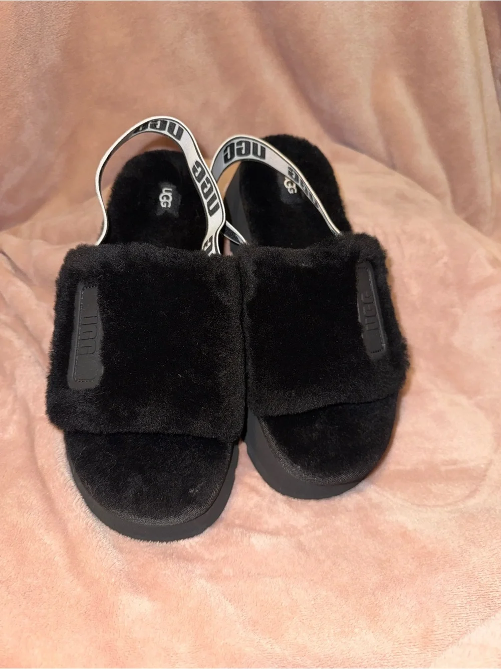 UGG Black Fuzz Platform Slingback Sandals